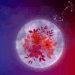 Image of a graphic of the Full Moon with flowers and Scorpio zodiac constellation on purple and red background. May 2025 Full Moon in Scorpio. Flower Moon